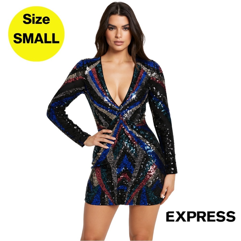 EXPRESS 🖤 Multicolor Sequins Mini Dress, Long Sleeves (small)